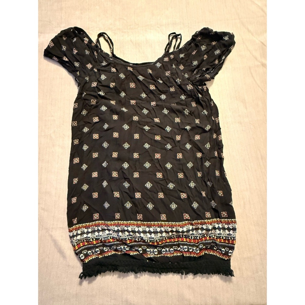 RD Style Boho Peasant Top Black Tassel Hem Festival Blouse Women XS